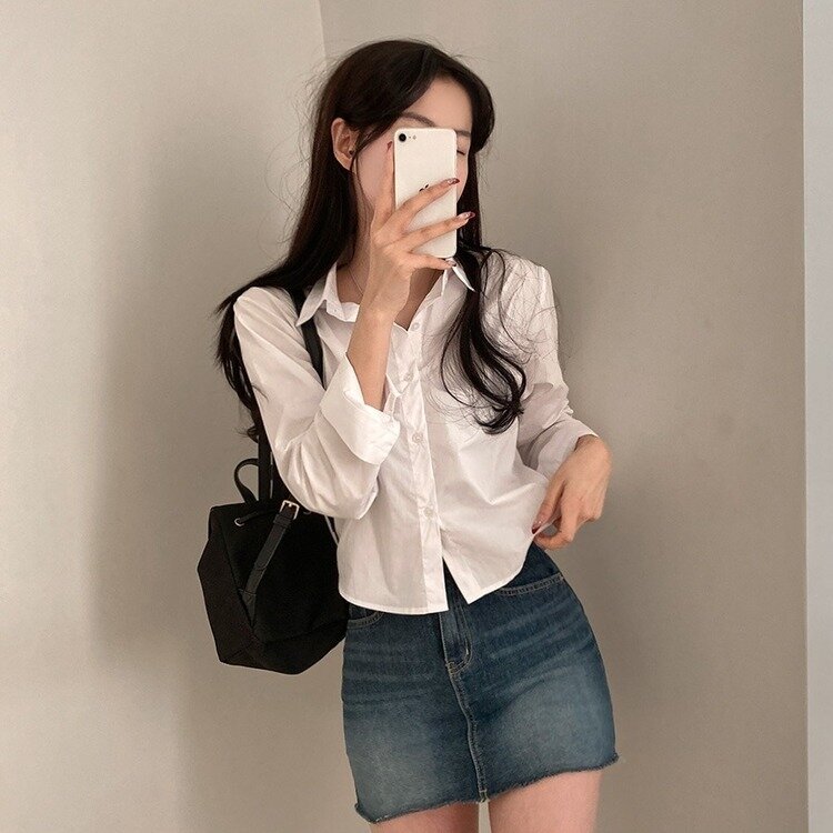 셔츠정석 베이직 코튼 무지 긴팔 크롭 셔츠 남방 아이보리