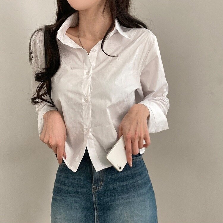 셔츠정석 베이직 코튼 무지 긴팔 크롭 셔츠 남방 아이보리