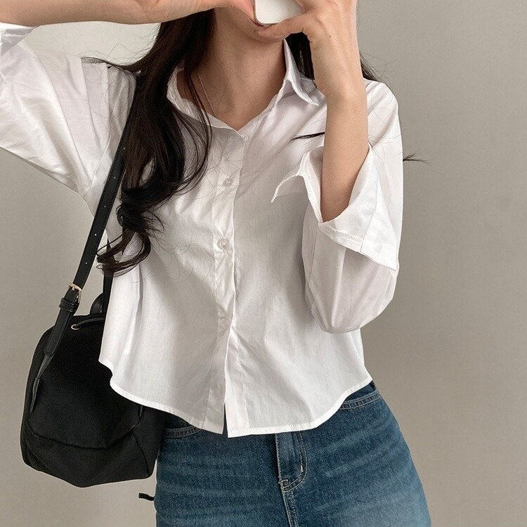 셔츠정석 베이직 코튼 무지 긴팔 크롭 셔츠 남방 아이보리