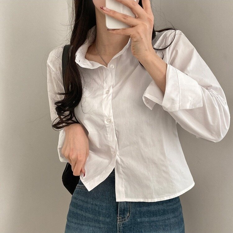 셔츠정석 베이직 코튼 무지 긴팔 크롭 셔츠 남방 아이보리