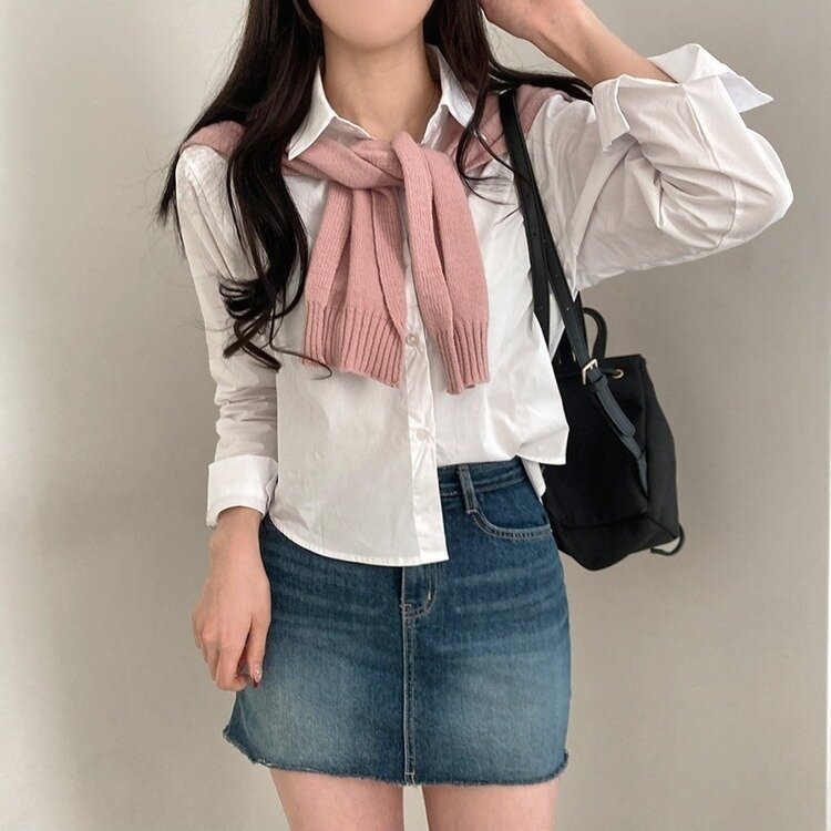 셔츠정석 베이직 코튼 무지 긴팔 크롭 셔츠 남방 아이보리