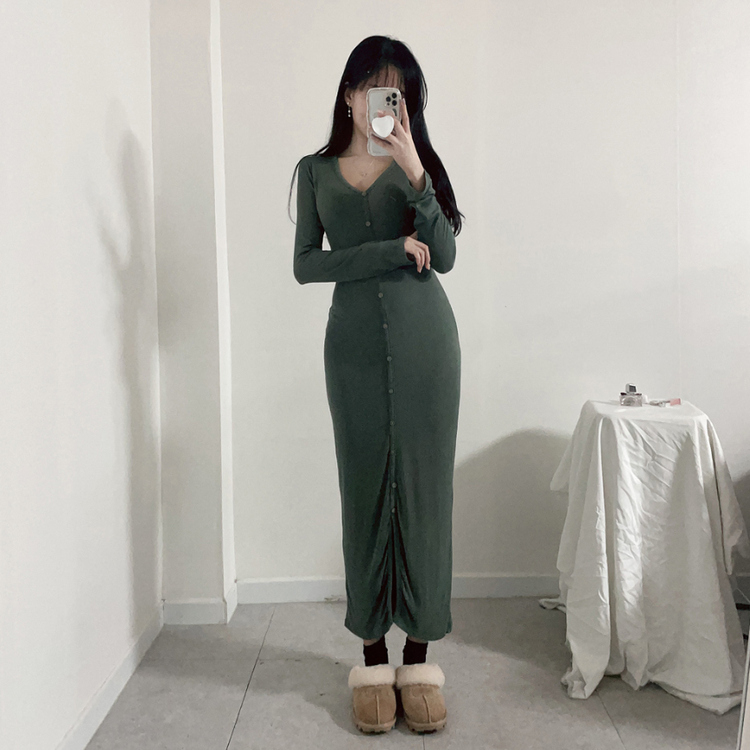 スリムスパンリブボタンロングワンピース KHAKI