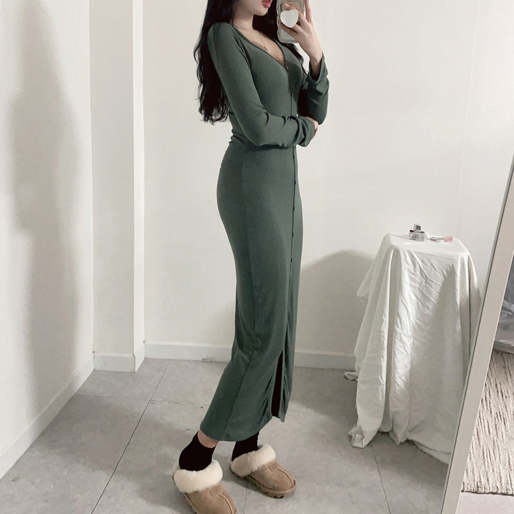 スリムスパンリブボタンロングワンピース KHAKI