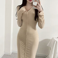 ロングワンピース スリムスパンリブボタンロングワンピース BEIGE