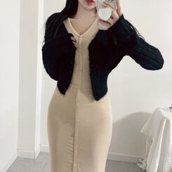 ロングワンピース スリムスパンリブボタンロングワンピース BEIGE