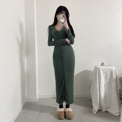 ロングワンピース スリムスパンリブボタンロングワンピース KHAKI