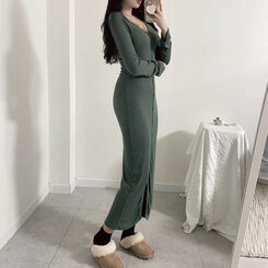 ロングワンピース スリムスパンリブボタンロングワンピース KHAKI