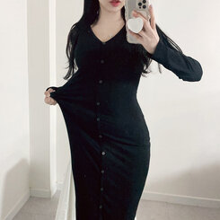 ロングワンピース スリムスパンリブボタンロングワンピース BLACK