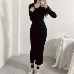 ロングワンピース スリムスパンリブボタンロングワンピース BLACK