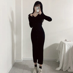 ロングワンピース スリムスパンリブボタンロングワンピース BLACK