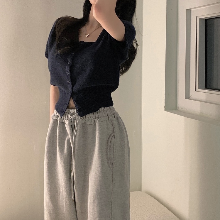 カシミア3%スクエアネック半袖ニットカーディガン5色 NAVY