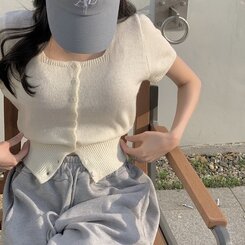 カーディガン カシミア3%スクエアネック半袖ニットカーディガン5色 IVORY
