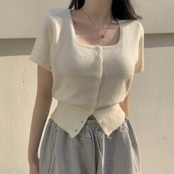 カーディガン カシミア3%スクエアネック半袖ニットカーディガン5色 IVORY