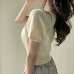 カーディガン カシミア3%スクエアネック半袖ニットカーディガン5色 IVORY