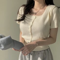 カーディガン カシミア3%スクエアネック半袖ニットカーディガン5色 IVORY