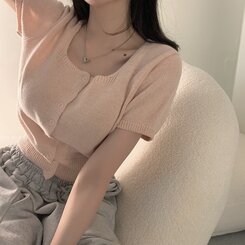 カーディガン カシミア3%スクエアネック半袖ニットカーディガン5色 PINK