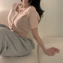 カーディガン カシミア3%スクエアネック半袖ニットカーディガン5色 PINK