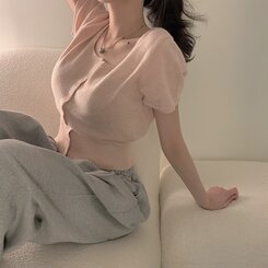 カーディガン カシミア3%スクエアネック半袖ニットカーディガン5色 PINK