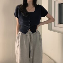 カーディガン カシミア3%スクエアネック半袖ニットカーディガン5色 NAVY