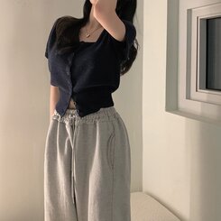 カーディガン カシミア3%スクエアネック半袖ニットカーディガン5色 NAVY