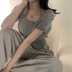 カーディガン カシミア3%スクエアネック半袖ニットカーディガン5色 GRAY
