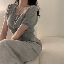 カーディガン カシミア3%スクエアネック半袖ニットカーディガン5色 GRAY