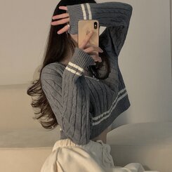 ワッペン刺繍VネッククロップVネックニット GRAY