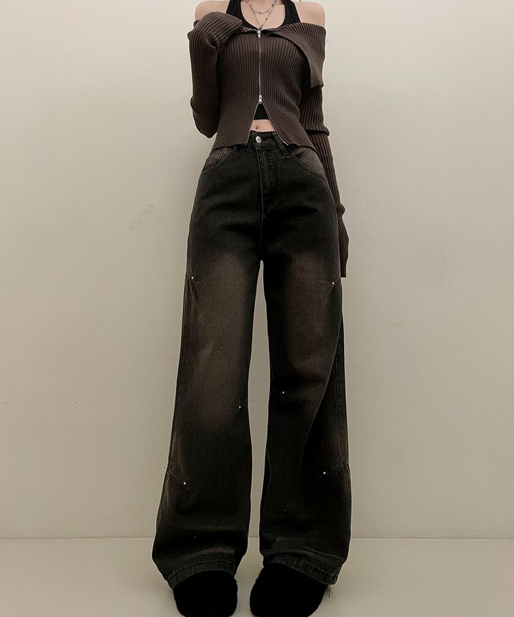 デニム ブラウンウォッシングワイドデニムパンツ BLACK DENIM
