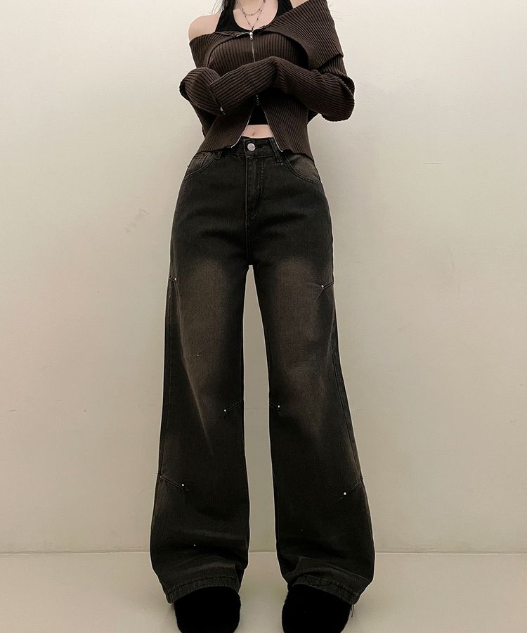 デニム ブラウンウォッシングワイドデニムパンツ BLACK DENIM