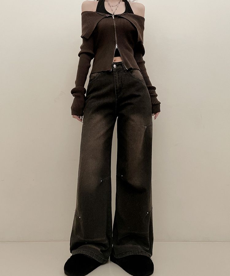 デニム ブラウンウォッシングワイドデニムパンツ BLACK DENIM