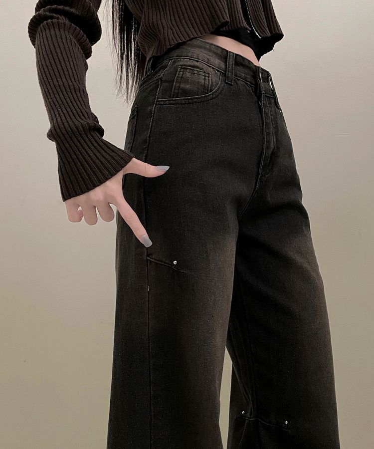 デニム ブラウンウォッシングワイドデニムパンツ BLACK DENIM