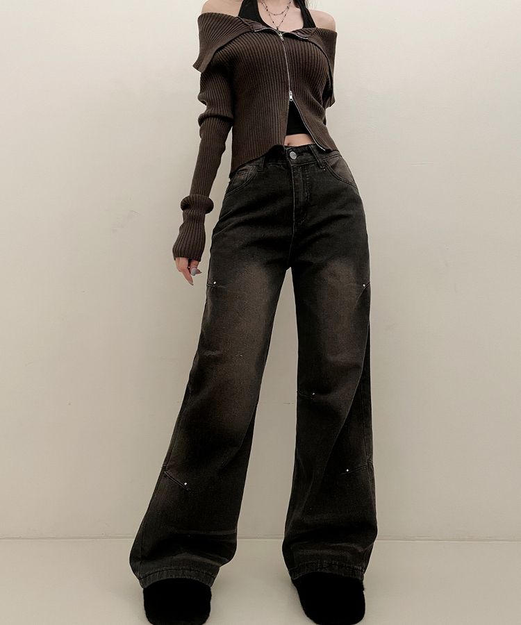 デニム ブラウンウォッシングワイドデニムパンツ BLACK DENIM