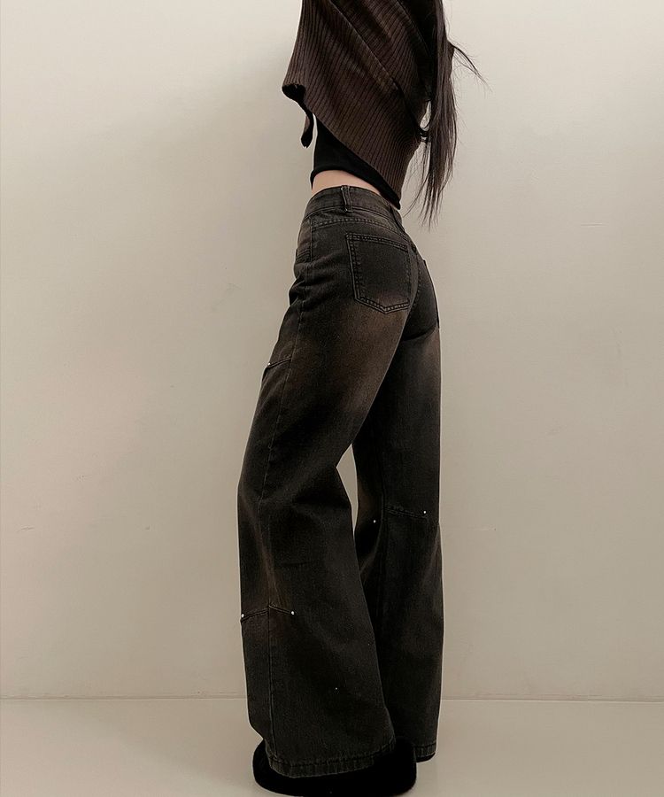 デニム ブラウンウォッシングワイドデニムパンツ BLACK DENIM