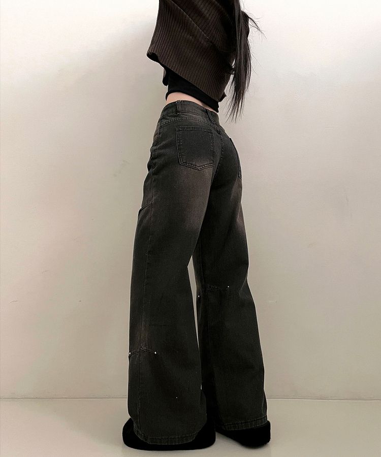 デニム ブラウンウォッシングワイドデニムパンツ BLACK DENIM