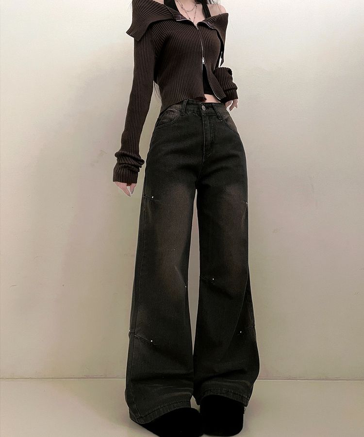 デニム ブラウンウォッシングワイドデニムパンツ BLACK DENIM