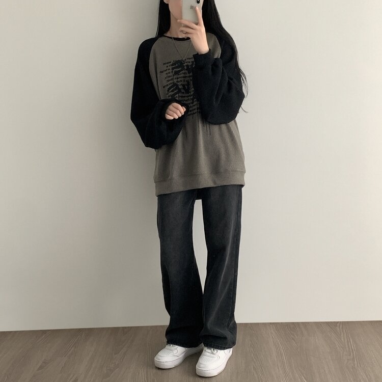 ルーズフィットバイカラーラグランワッフル長袖Tシャツ｜スウェット