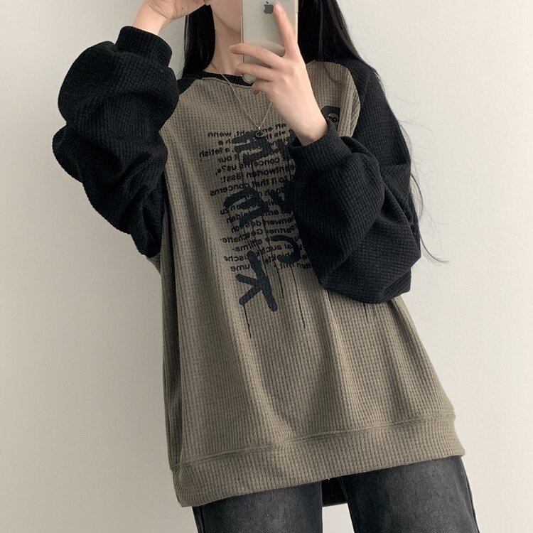 ルーズフィットバイカラーラグランワッフル長袖Tシャツ｜スウェット