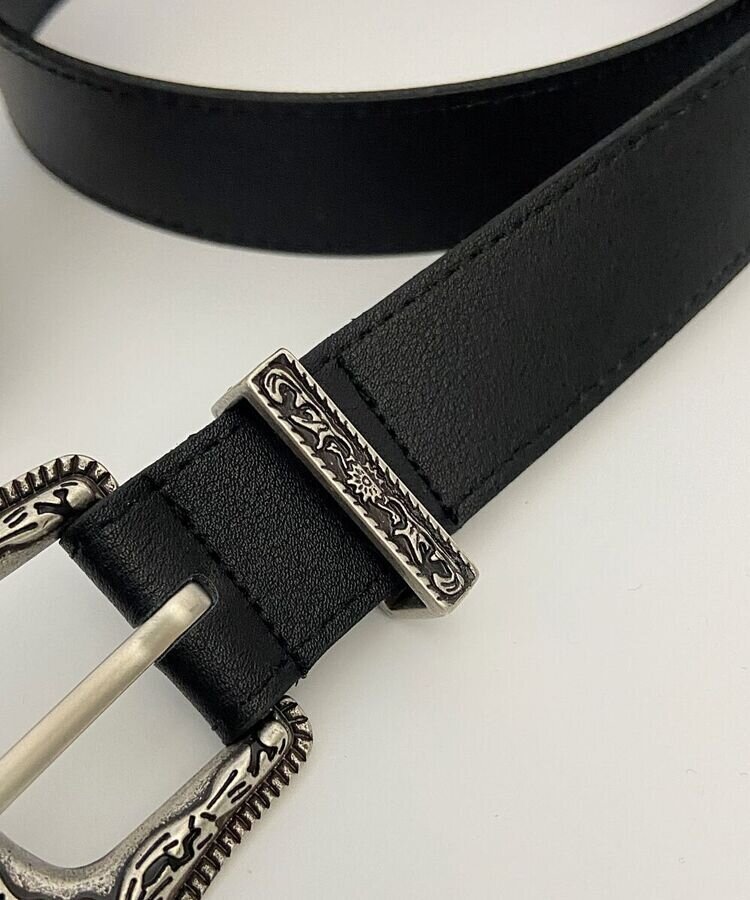 シルバーアンティークバックルブラックレザーベルト｜ファッション雑貨
