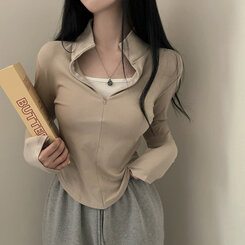 トレーニングハーフジップアップハイネック長袖Tシャツ BEIGE