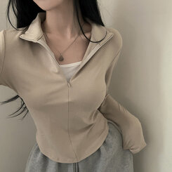 トレーニングハーフジップアップハイネック長袖Tシャツ BEIGE