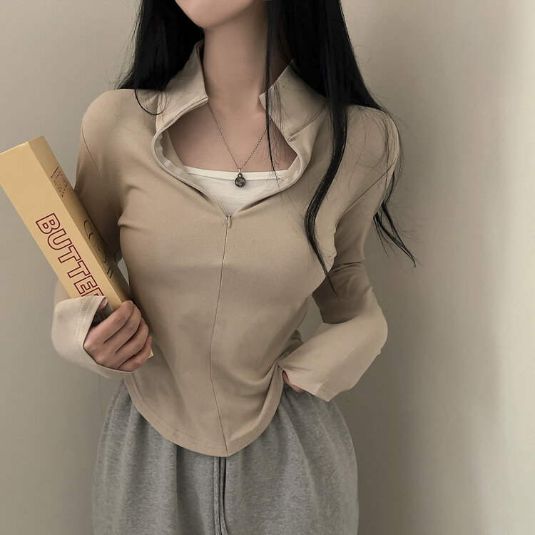 トレーニングハーフジップアップハイネック長袖Tシャツ BEIGE