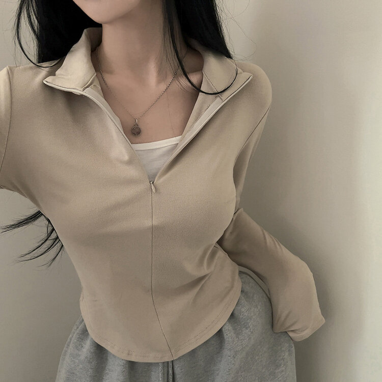 トレーニングハーフジップアップハイネック長袖Tシャツ BEIGE