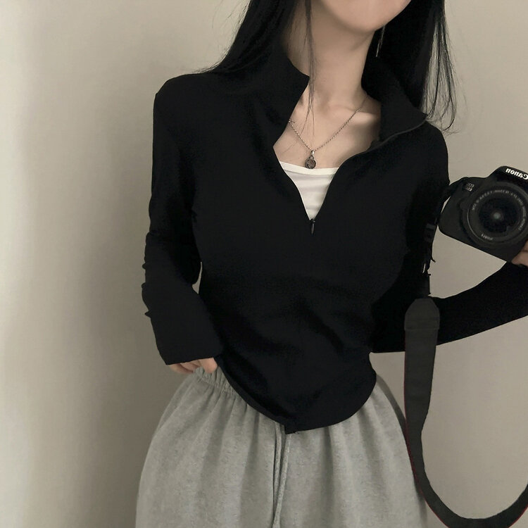 トレーニングハーフジップアップハイネック長袖Tシャツ BLACK