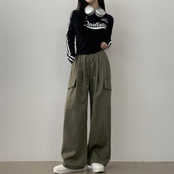 【SHORT/BASIC/LONG 丈別】ストリングバンディングワイドパンツ6色 KHAKI
