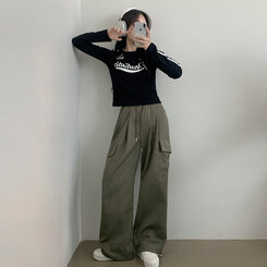 【SHORT/BASIC/LONG 丈別】ストリングバンディングワイドパンツ6色 KHAKI