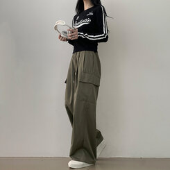 【SHORT/BASIC/LONG 丈別】ストリングバンディングワイドパンツ6色 KHAKI