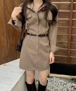 SET】ベルト＋クラシックシャツミニワンピース｜ミニワンピース