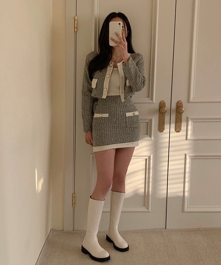 SET】ツイードノーカラージャケット＋ミニスカート｜ツーピース