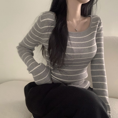 ニット 【スクエアネック/Uネック形別】リブニット10色 STRIPE GRAY