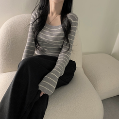 ニット 【スクエアネック/Uネック形別】リブニット10色 STRIPE GRAY